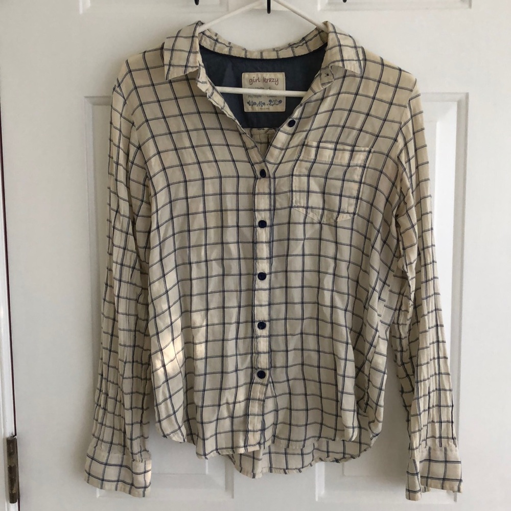 Small white and blue plaid button down shirt. 100% cotton!